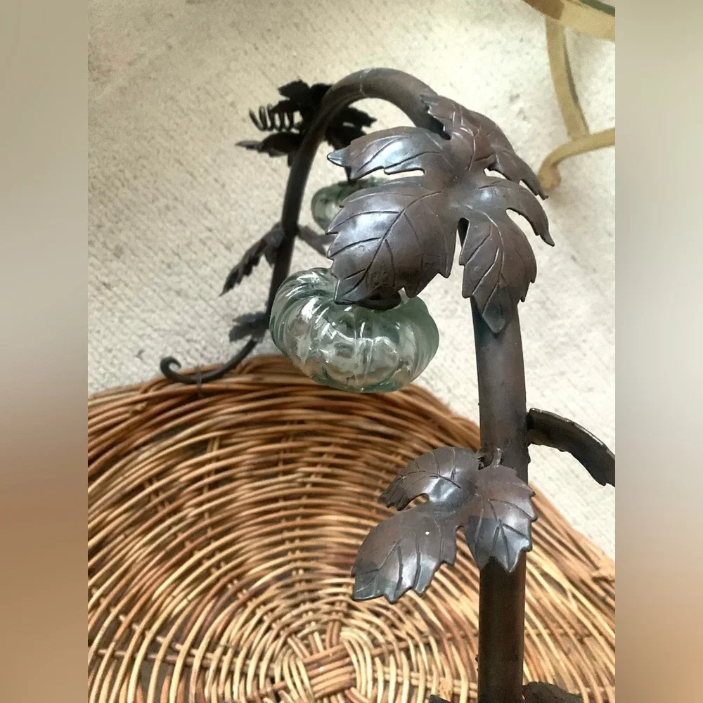 Large 30” Gathering Basket w Glass Pumpkins Metal Leaf Vine & Handle Log Holder